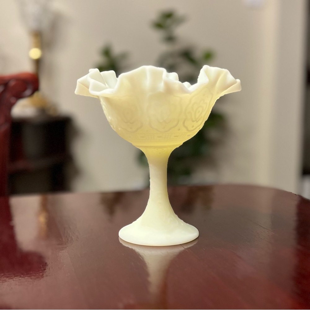 Fenton Uranium Satin Custard Glass Persian Medallion Compote Ruffled 1970s GLOWS